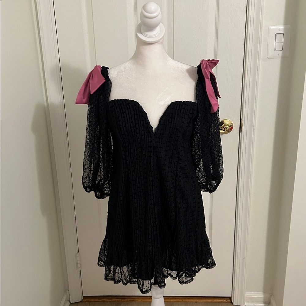 For Love and Lemons Carolyn Mini Dress Black Lace Satin Bow New Size Medium - Picture 7 of 13